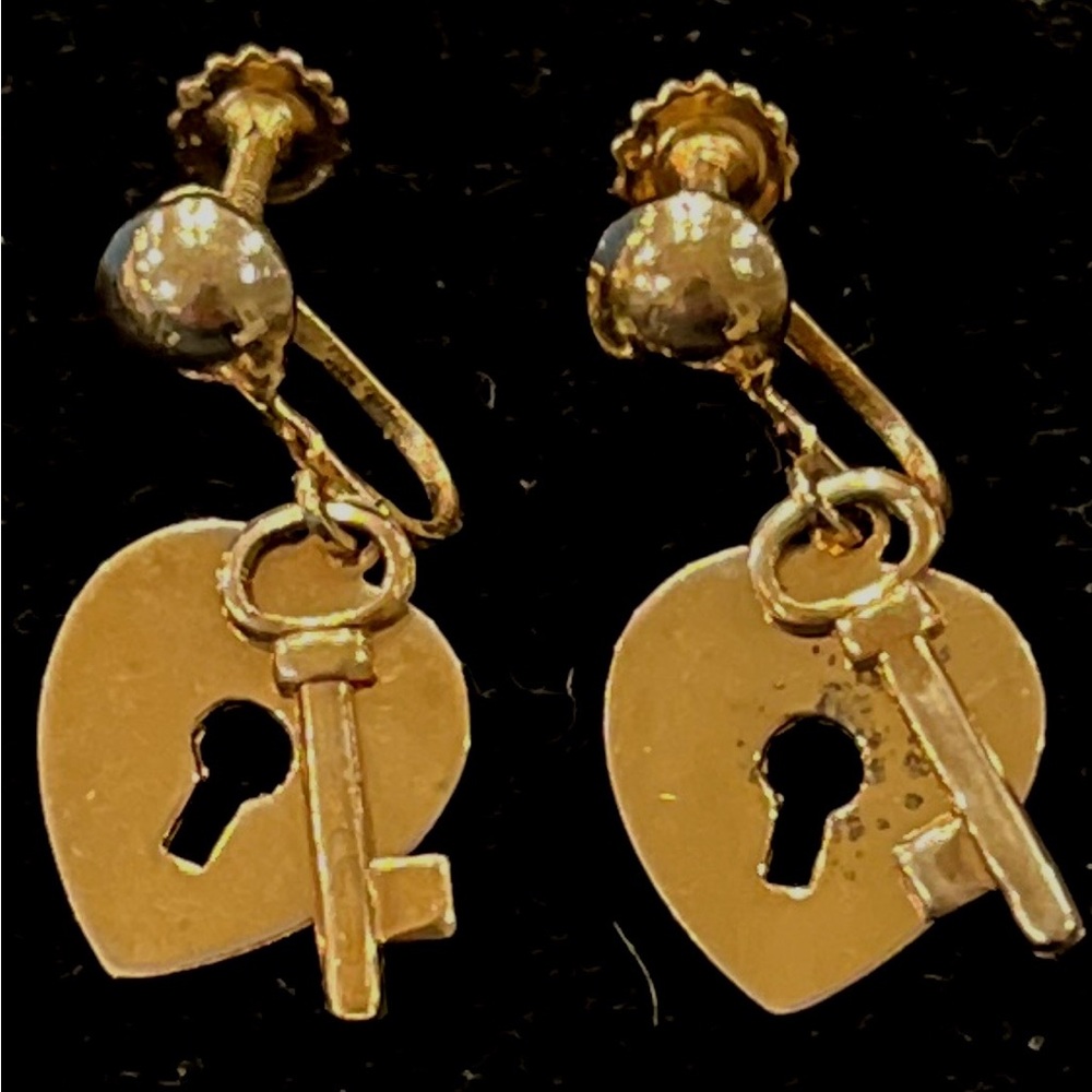 Gold Heart Lock and Key Earrings